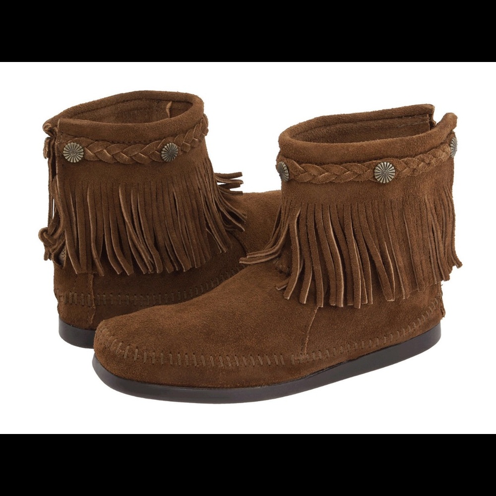 Minnetonka Hi Top Fringe Ankle Suede Booties 5